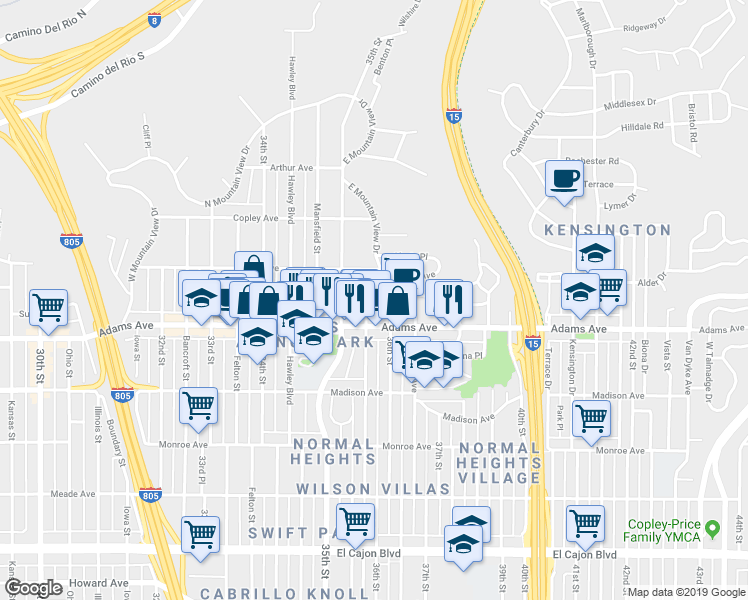 map of restaurants, bars, coffee shops, grocery stores, and more near 4760 36th Street in San Diego