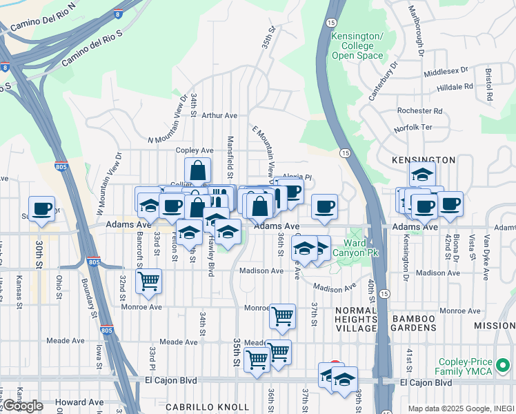 map of restaurants, bars, coffee shops, grocery stores, and more near 4753 35th Street in San Diego
