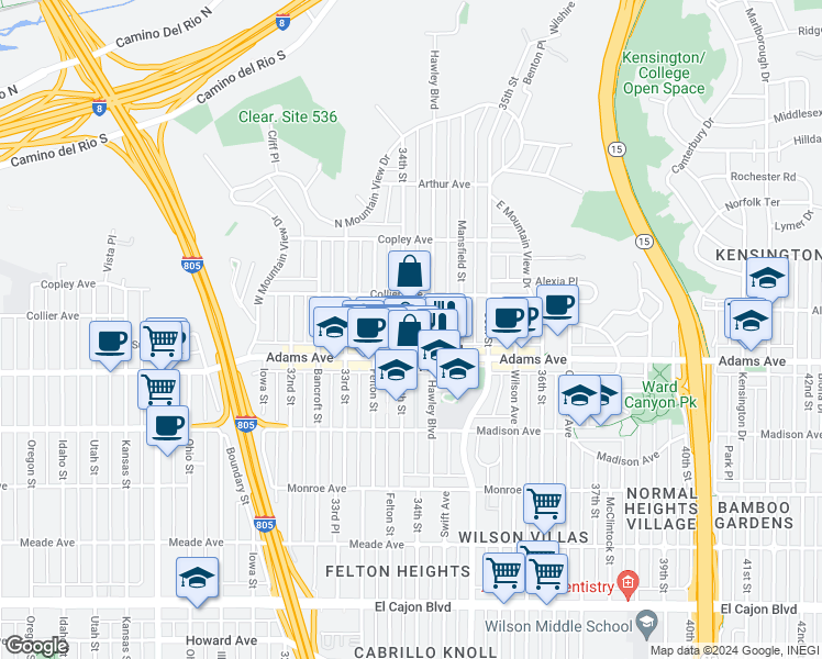map of restaurants, bars, coffee shops, grocery stores, and more near 4752 Hawley Boulevard in San Diego