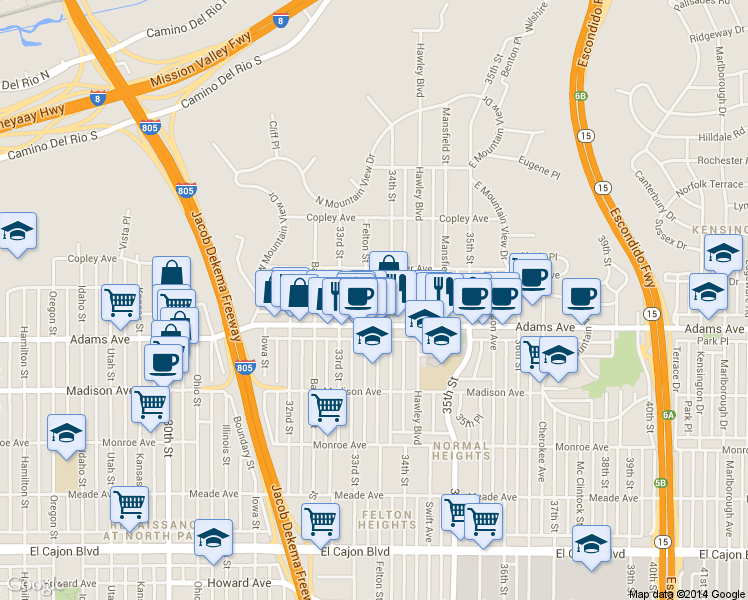 map of restaurants, bars, coffee shops, grocery stores, and more near 4745 Felton Street in San Diego