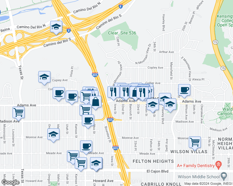 map of restaurants, bars, coffee shops, grocery stores, and more near 4757 West Mountain View Drive in San Diego