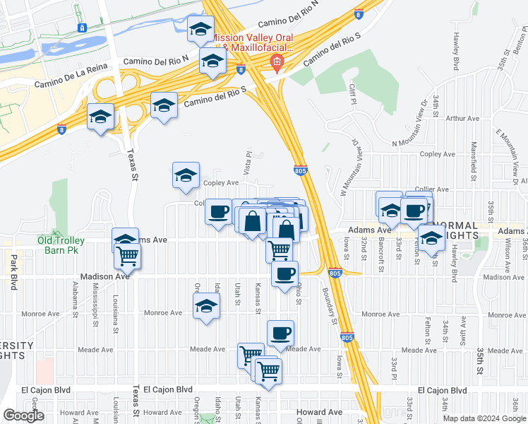 map of restaurants, bars, coffee shops, grocery stores, and more near 4837 Kansas Street in San Diego