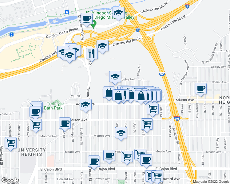 map of restaurants, bars, coffee shops, grocery stores, and more near 4785 Oregon Street in San Diego