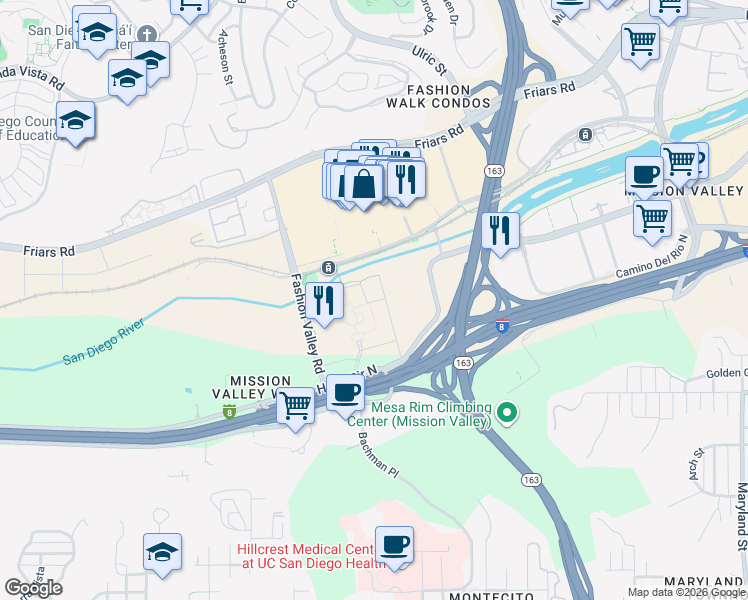 map of restaurants, bars, coffee shops, grocery stores, and more near Unnamed Road in San Diego
