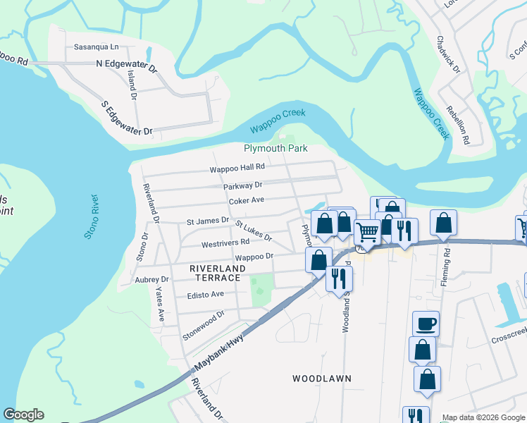 map of restaurants, bars, coffee shops, grocery stores, and more near 2103 Coker Avenue in Charleston