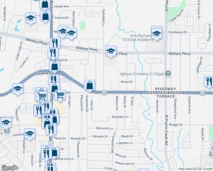 map of restaurants, bars, coffee shops, grocery stores, and more near 3111 Delafield Lane in Dallas
