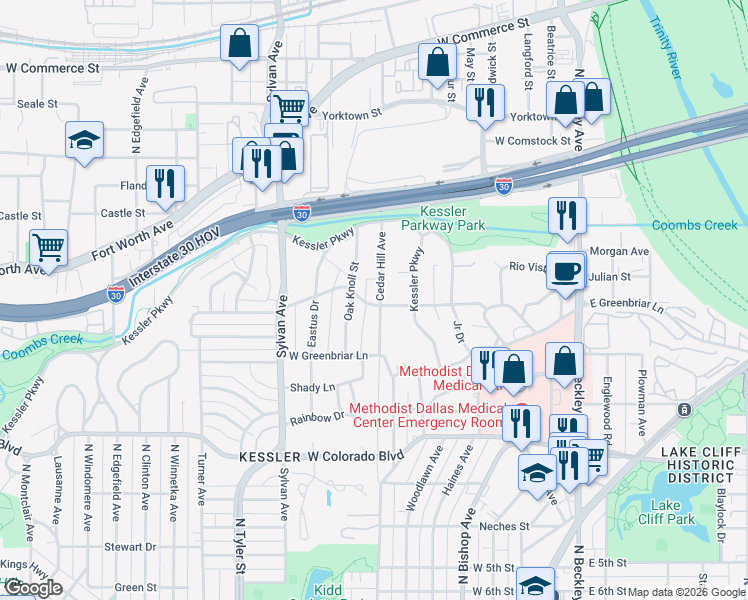 map of restaurants, bars, coffee shops, grocery stores, and more near 1608 Cedar Hill Avenue in Dallas