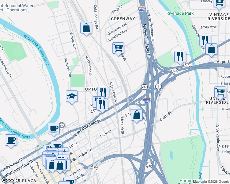 map of restaurants, bars, coffee shops, grocery stores, and more near 1508 East Peach Street in Fort Worth