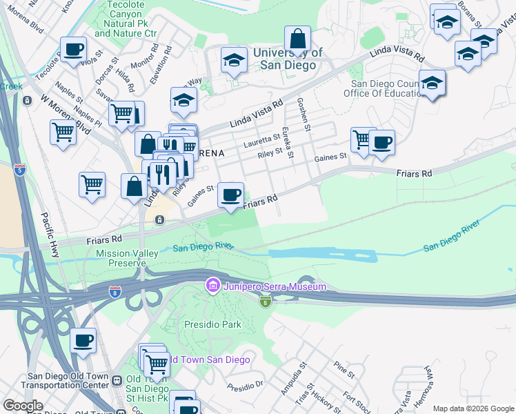 map of restaurants, bars, coffee shops, grocery stores, and more near 5645 Friars Road in San Diego
