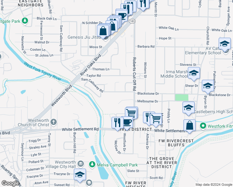 map of restaurants, bars, coffee shops, grocery stores, and more near 5437 Sam Calloway Road in Fort Worth
