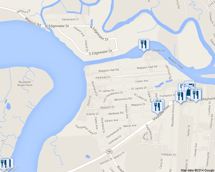 map of restaurants, bars, coffee shops, grocery stores, and more near 2171 Coker Avenue in Charleston