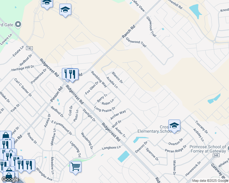 map of restaurants, bars, coffee shops, grocery stores, and more near 116 Rambling Way in Forney