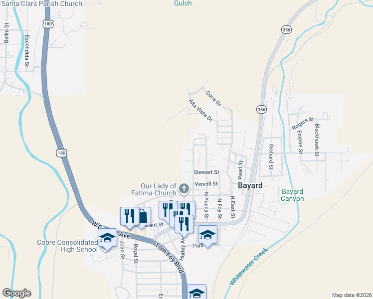 map of restaurants, bars, coffee shops, grocery stores, and more near 506 Mahoney Street in Bayard