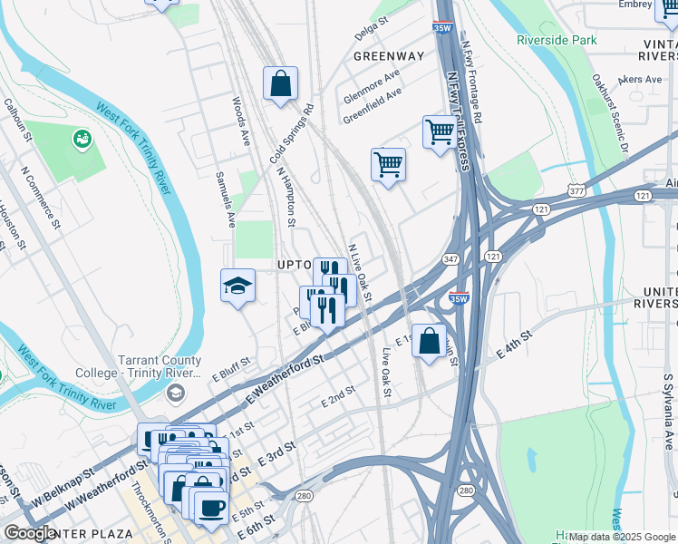 map of restaurants, bars, coffee shops, grocery stores, and more near 1408 Waterman St in Fort Worth