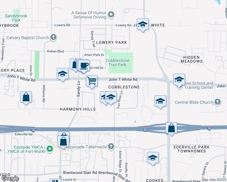 map of restaurants, bars, coffee shops, grocery stores, and more near 7567 Casburn Court in Fort Worth