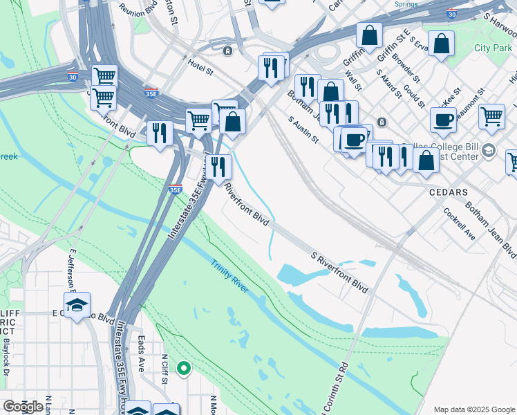 map of restaurants, bars, coffee shops, grocery stores, and more near 1212 South Riverfront Boulevard in Dallas