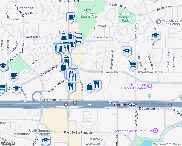 map of restaurants, bars, coffee shops, grocery stores, and more near 1208 East Lamar Boulevard in Arlington
