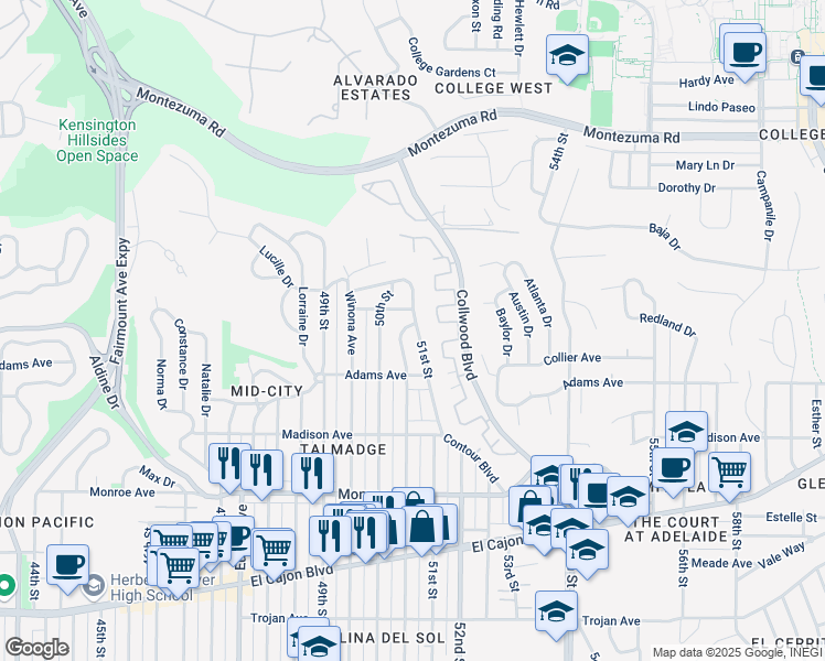 map of restaurants, bars, coffee shops, grocery stores, and more near 4773 Altadena Avenue in San Diego