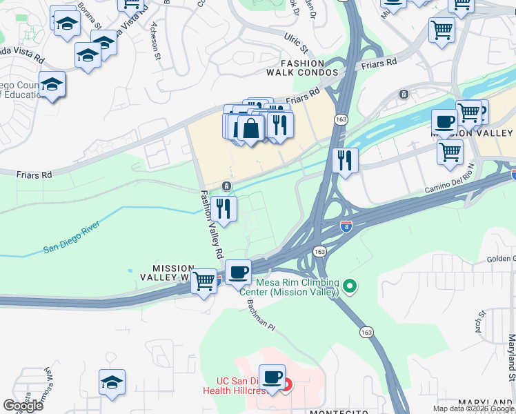 map of restaurants, bars, coffee shops, grocery stores, and more near Unnamed Road in San Diego