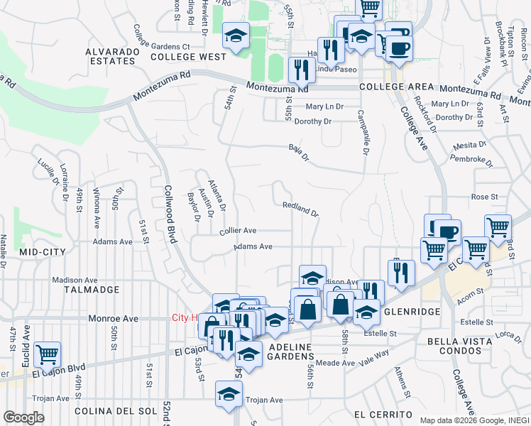 map of restaurants, bars, coffee shops, grocery stores, and more near 5484 New Mills Road in San Diego