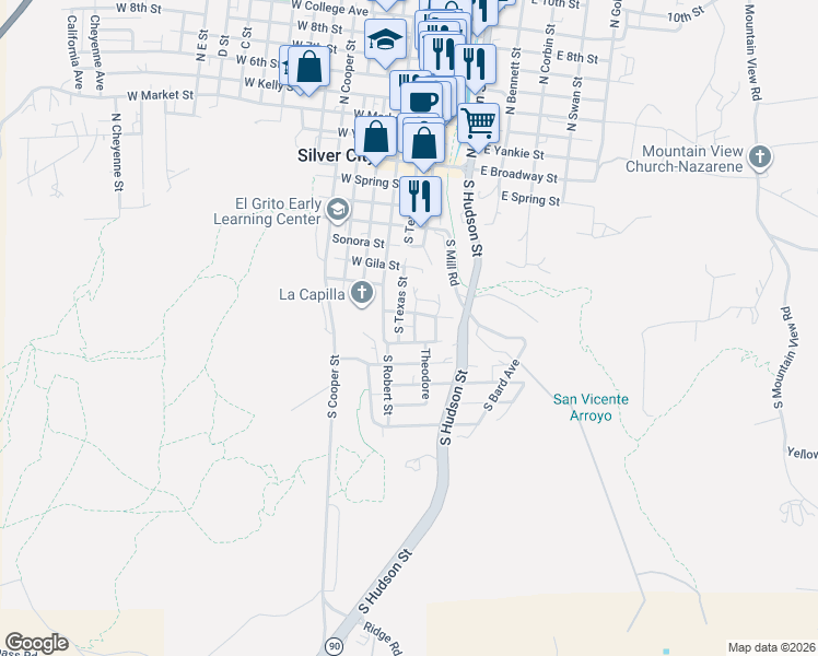 map of restaurants, bars, coffee shops, grocery stores, and more near 720 S Bullard St in Silver City
