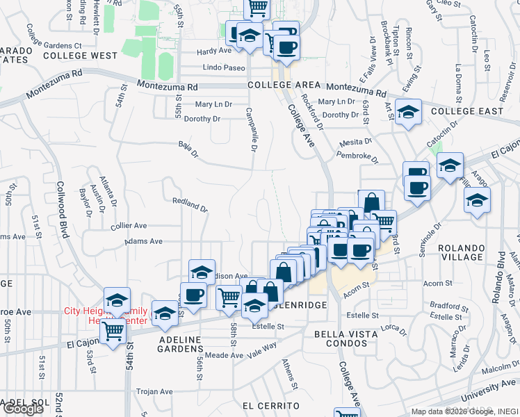 map of restaurants, bars, coffee shops, grocery stores, and more near 4811 59th Street in San Diego
