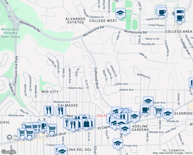 map of restaurants, bars, coffee shops, grocery stores, and more near Collwood Boulevard in San Diego