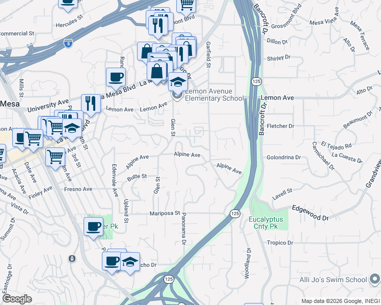 map of restaurants, bars, coffee shops, grocery stores, and more near 8810 Alpine Avenue in La Mesa