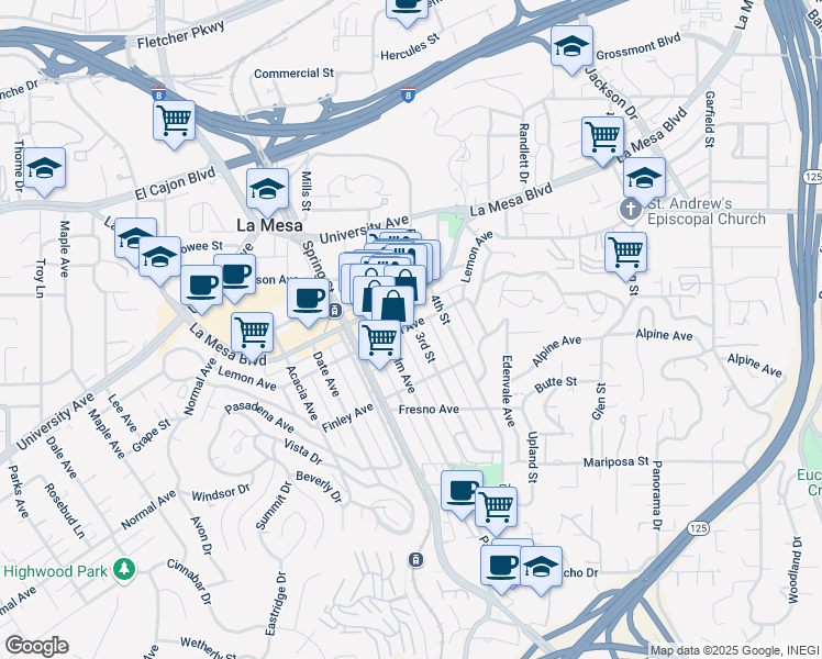 map of restaurants, bars, coffee shops, grocery stores, and more near in La Mesa