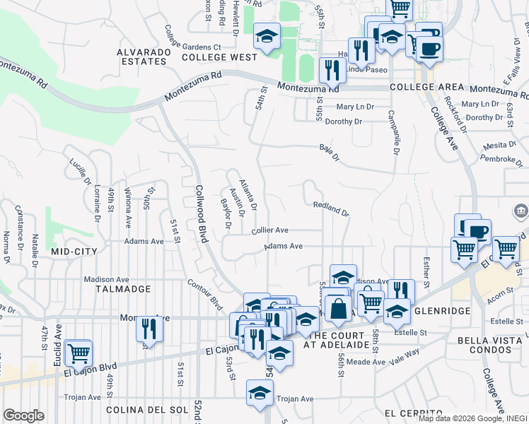 map of restaurants, bars, coffee shops, grocery stores, and more near 4776 54th Street in San Diego