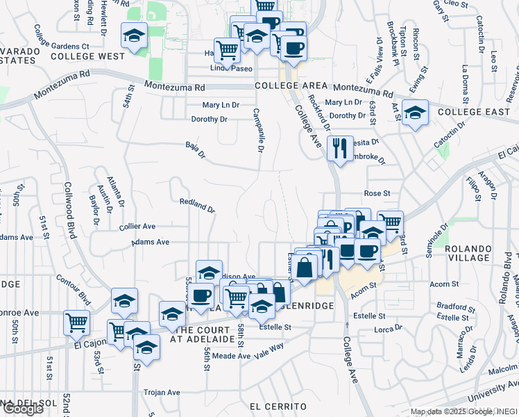 map of restaurants, bars, coffee shops, grocery stores, and more near 4810 Barbarossa Drive in San Diego