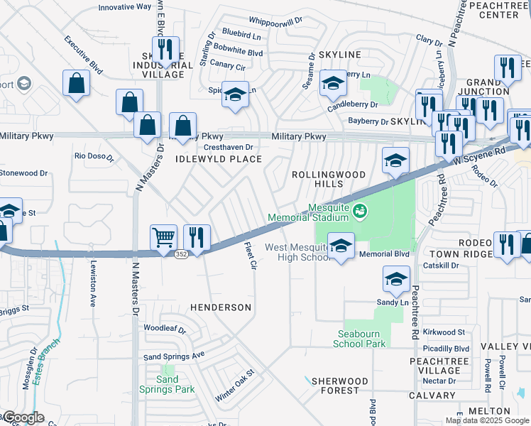 map of restaurants, bars, coffee shops, grocery stores, and more near 320 Menlo Drive in Mesquite
