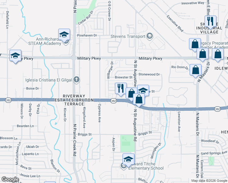 map of restaurants, bars, coffee shops, grocery stores, and more near 9420 Kerrville Street in Dallas
