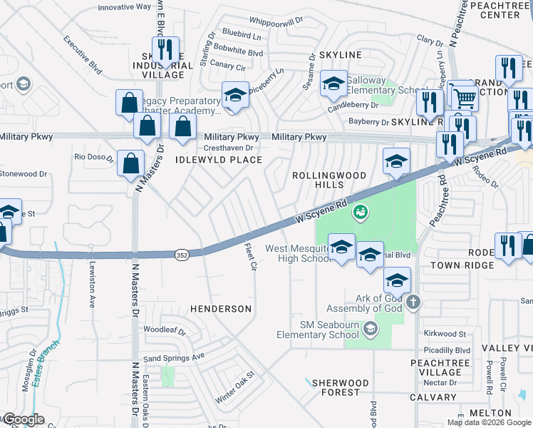 map of restaurants, bars, coffee shops, grocery stores, and more near 316 Menlo Drive in Mesquite