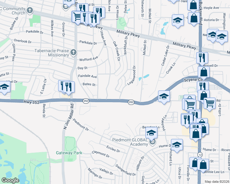 map of restaurants, bars, coffee shops, grocery stores, and more near 3121 Rock Bluff Drive in Dallas