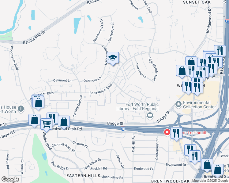 map of restaurants, bars, coffee shops, grocery stores, and more near 5850 Goldenwood Drive in Fort Worth