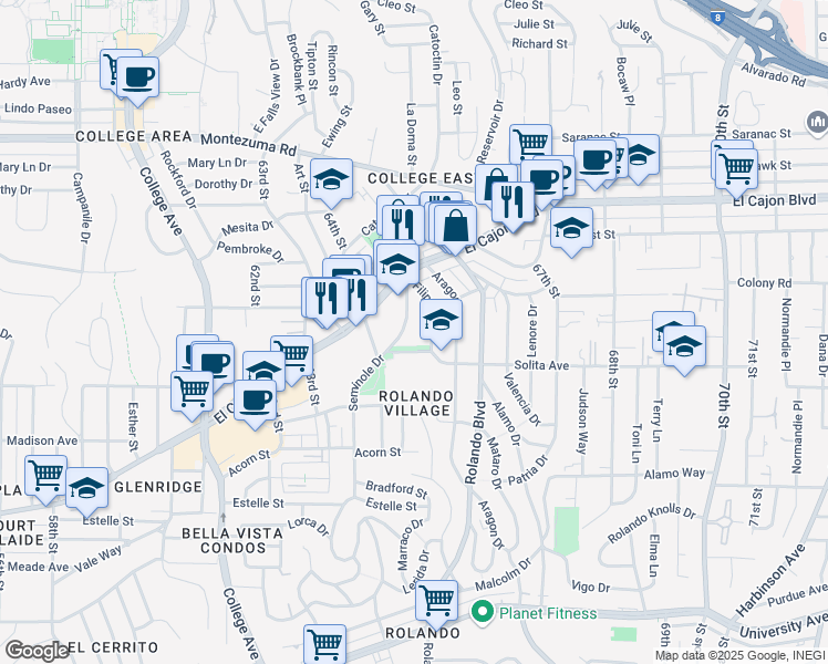 map of restaurants, bars, coffee shops, grocery stores, and more near 4746 Filipo Street in San Diego