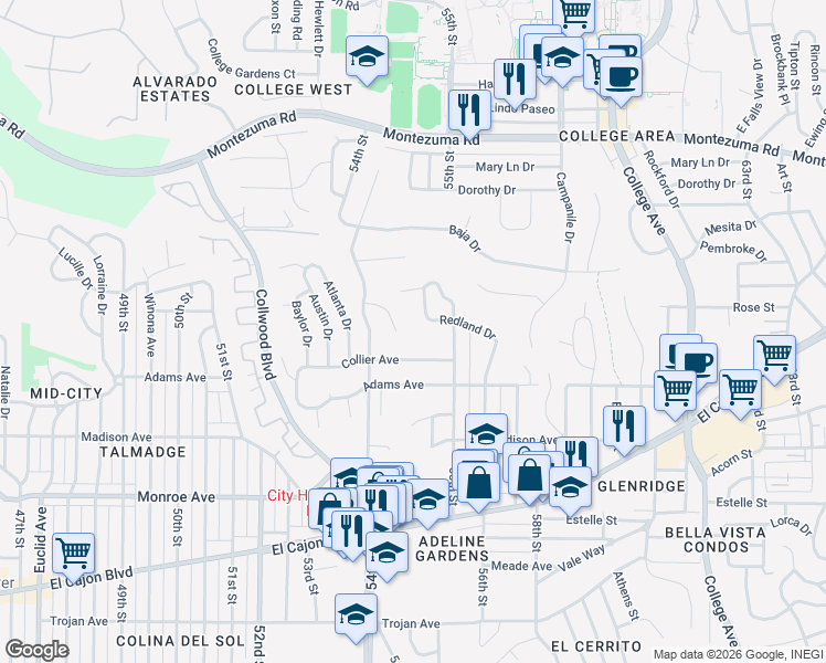 map of restaurants, bars, coffee shops, grocery stores, and more near 5484 New Mills Road in San Diego