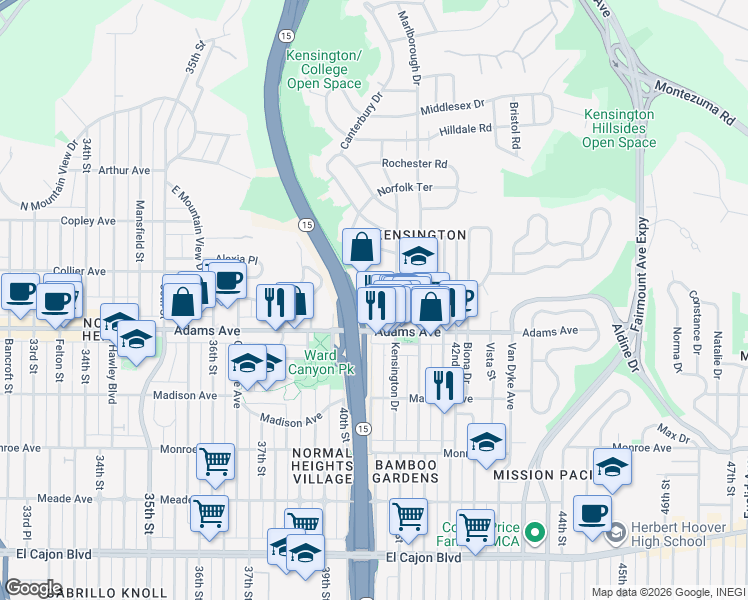 map of restaurants, bars, coffee shops, grocery stores, and more near 4745 Terrace Drive in San Diego