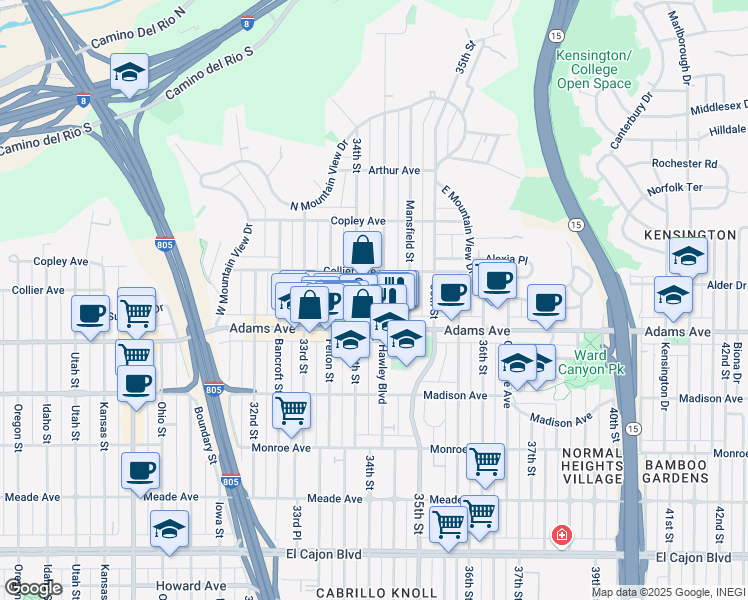 map of restaurants, bars, coffee shops, grocery stores, and more near 4752 Hawley Boulevard in San Diego