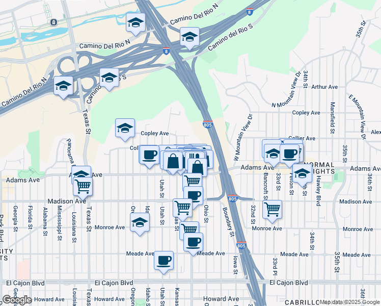 map of restaurants, bars, coffee shops, grocery stores, and more near 4837 Kansas Street in San Diego