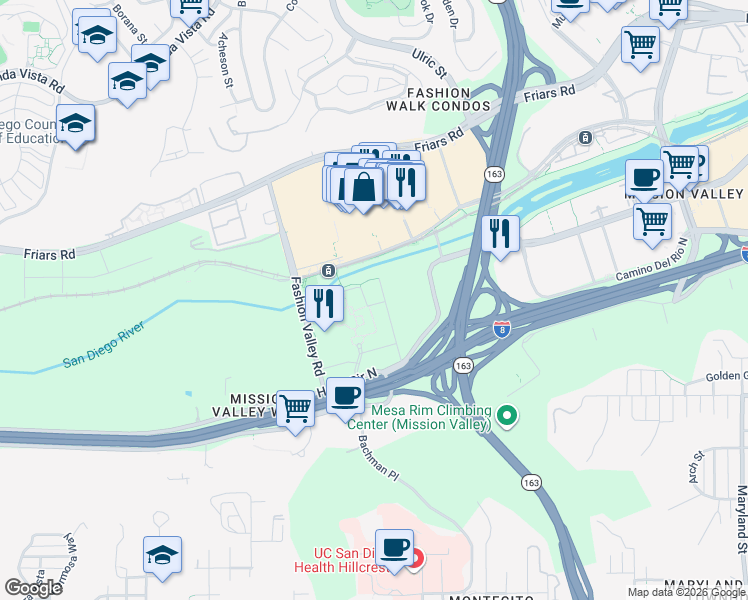 map of restaurants, bars, coffee shops, grocery stores, and more near Unnamed Road in San Diego