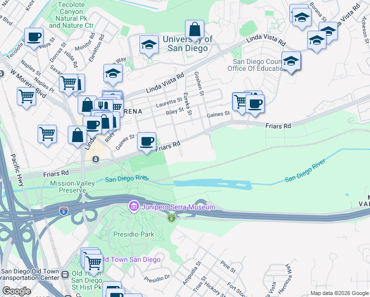 map of restaurants, bars, coffee shops, grocery stores, and more near 5745 Friars Road in San Diego