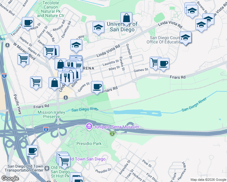 map of restaurants, bars, coffee shops, grocery stores, and more near 5605 Friars Road in San Diego