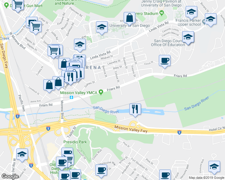 map of restaurants, bars, coffee shops, grocery stores, and more near 5645 Friars Road in San Diego