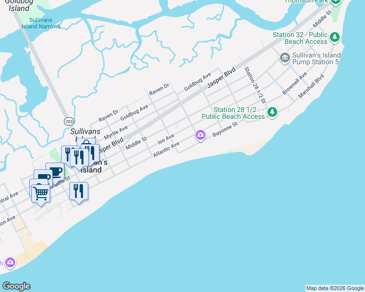 map of restaurants, bars, coffee shops, grocery stores, and more near 2602 Bayonne Street in Sullivan's Island