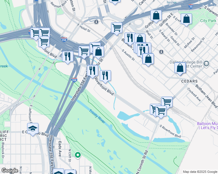 map of restaurants, bars, coffee shops, grocery stores, and more near 1212 South Riverfront Boulevard in Dallas