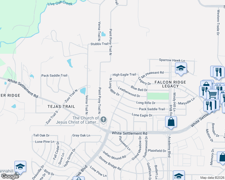 map of restaurants, bars, coffee shops, grocery stores, and more near 10225 Leatherwood Drive in Fort Worth