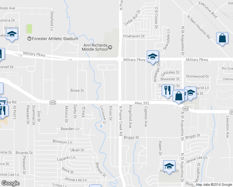 map of restaurants, bars, coffee shops, grocery stores, and more near 3125 North Prairie Creek Road in Dallas