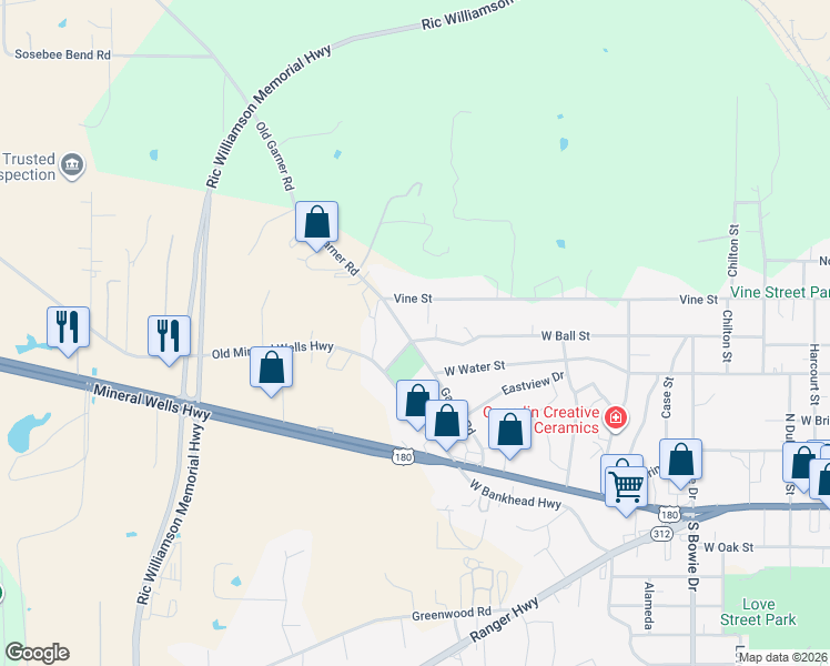 map of restaurants, bars, coffee shops, grocery stores, and more near 1446 West Ball Street in Weatherford
